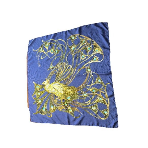 Lalique Paris "Parade Royale" Large Silk Scarf 33”x33” Navy Blue Gold Peacock - Picture 3 of 8